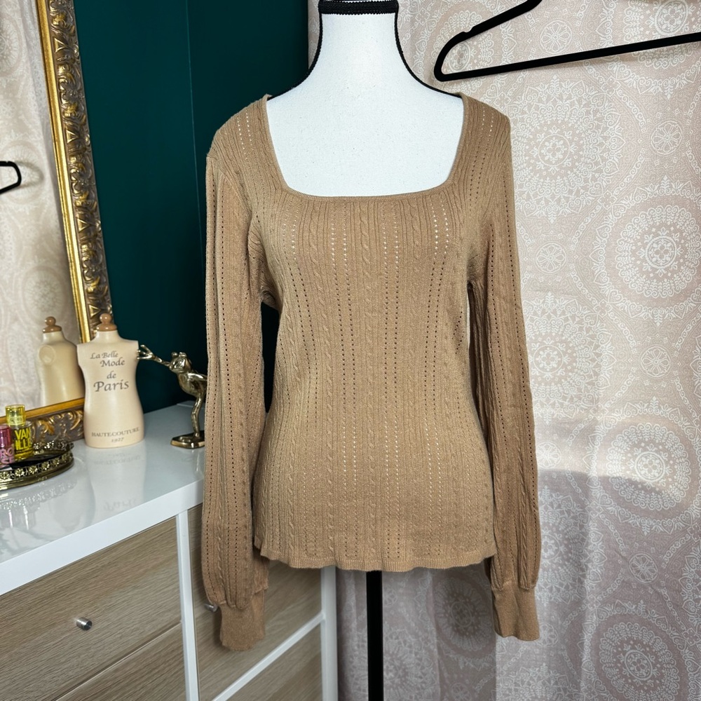 Marled Camel Soft Knit Sweater Blouson Sleeves Sz Large Neutral Boho Chic Earthy